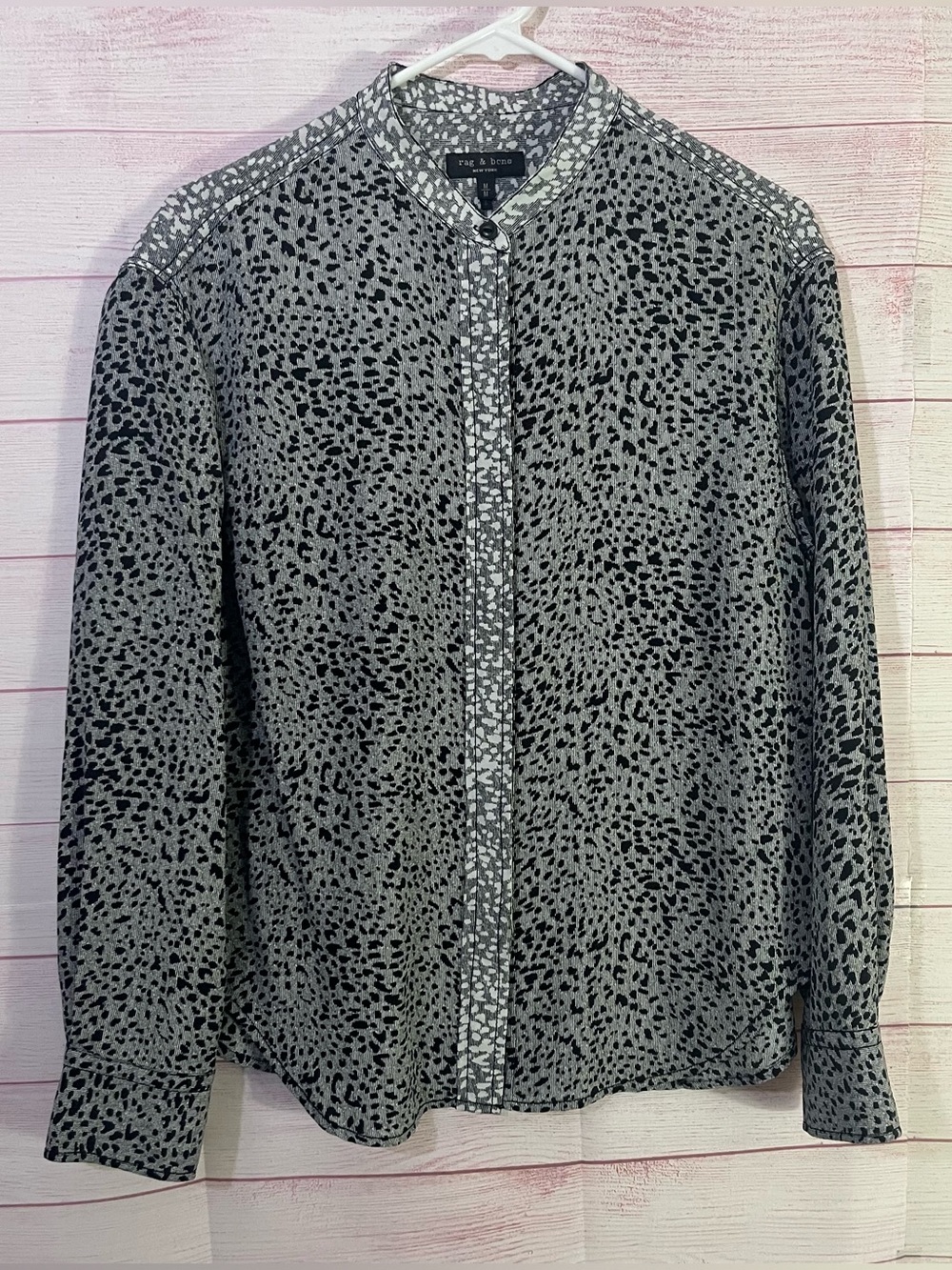 Rag & Bone Gray BlacK White Silk Long Sleeve Blouse Size Medium
